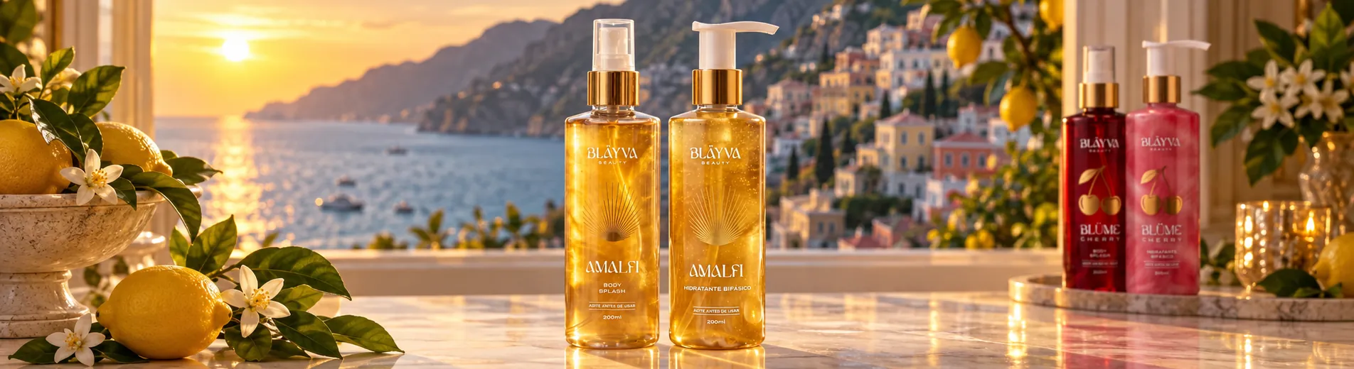 Body Splash e Hidratante Bifásico Amalfi numa penteadeira de mármore ao pôr do sol, com a costa de Amalfi ao fundo