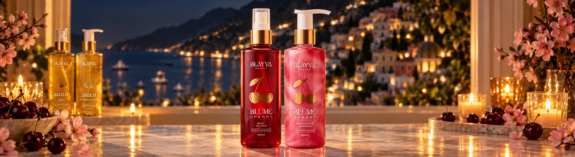 Body Splash e Hidratante Bifásico Blüme Cherry na mesma penteadeira à noite, com velas e cerejas