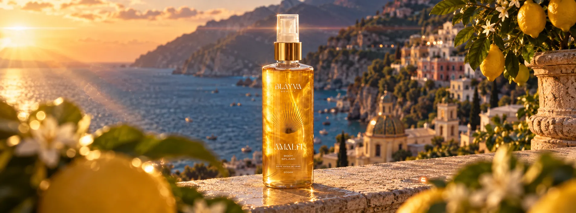 Body Splash Amalfi numa sacada sobre o mar de Amalfi, com limões