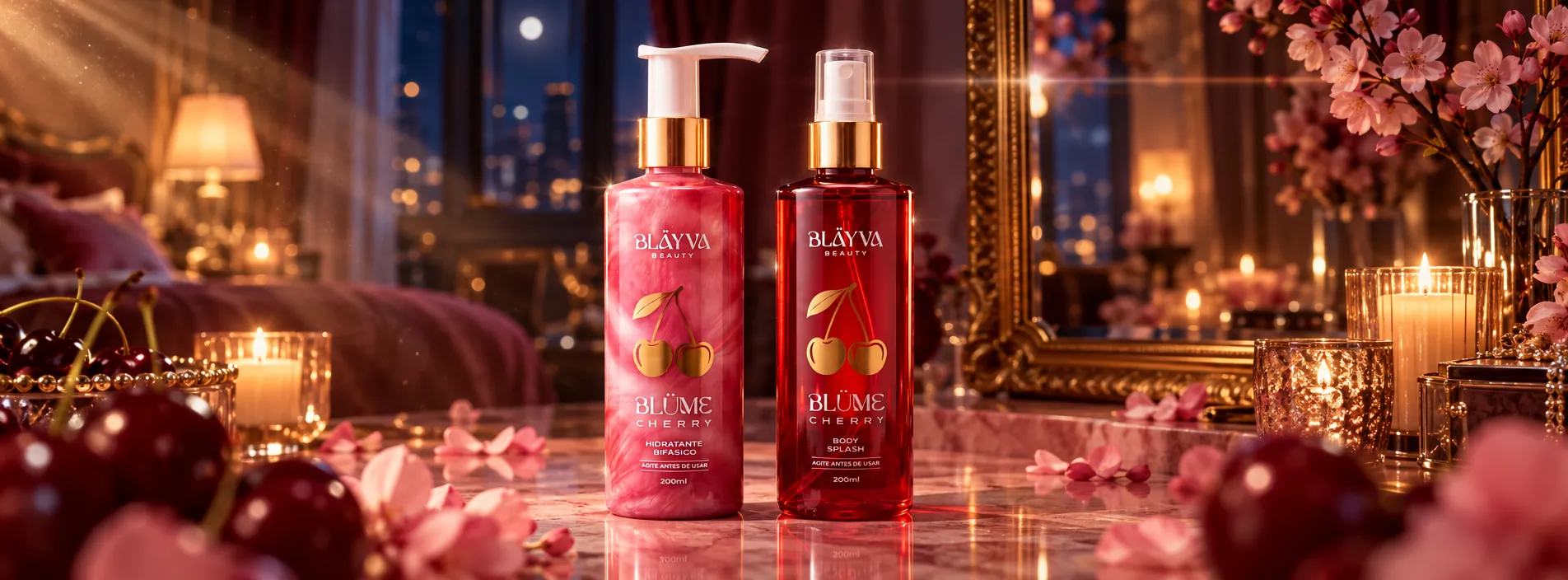 Linha Blüme Cherry: Body Splash e Hidratante Bifásico à luz de velas